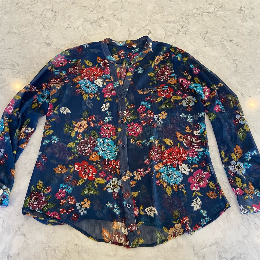 Blue floral sheer button front shirt size L